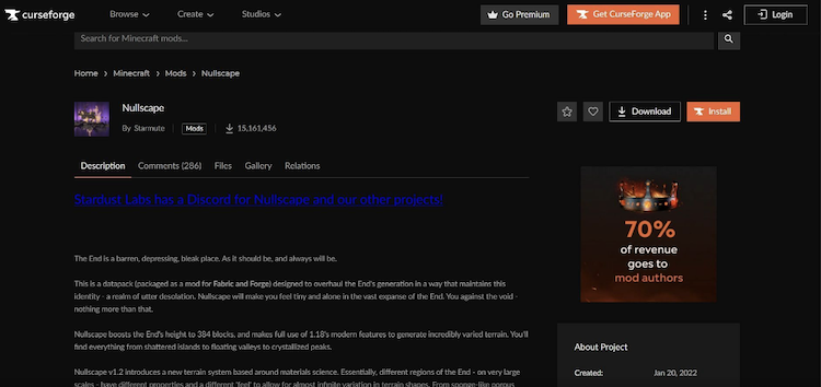 ماد Nullscape ماینکرفت را می‌توان از وب‌سایت CurseForge دانلود کرد.